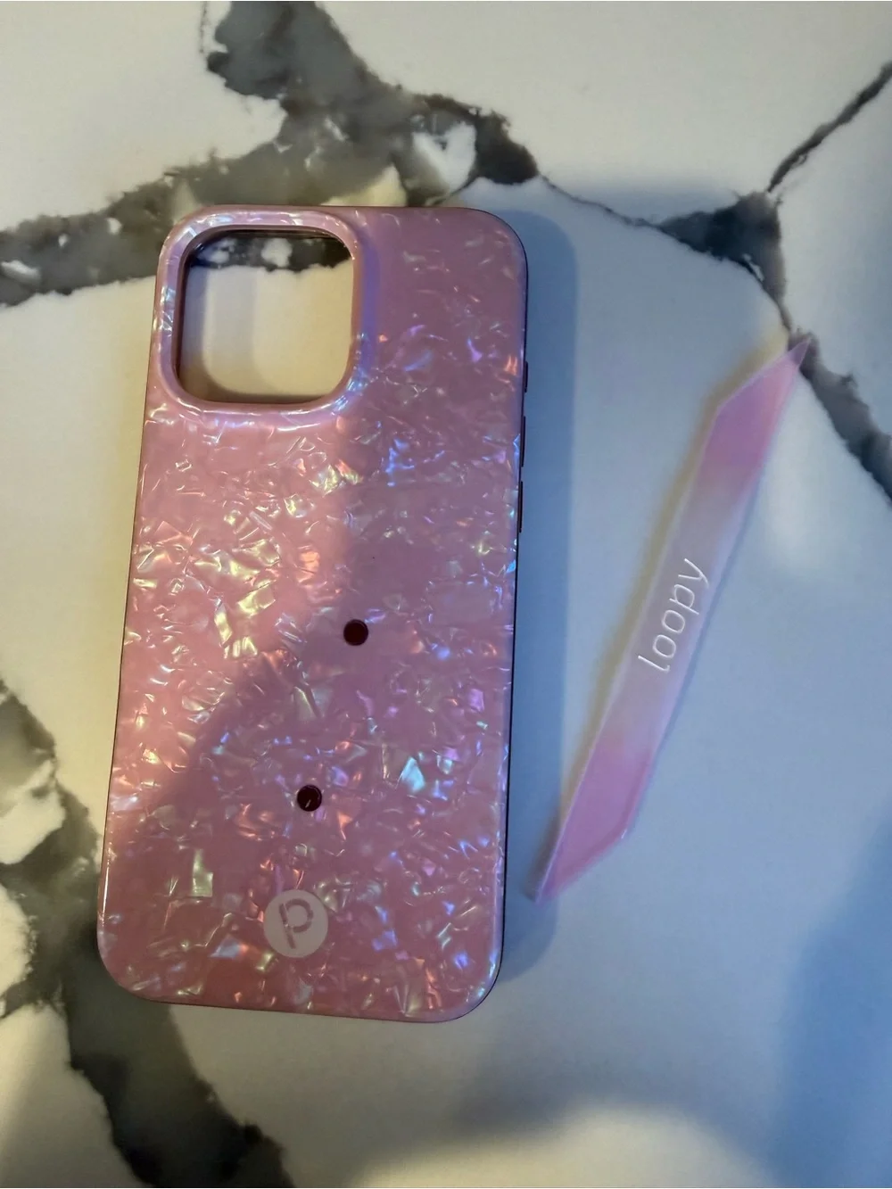 Loopy Case 16 Pro Max Pink Opal Shell Phone Case with pink Loop